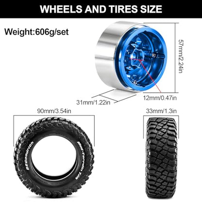 1.9" Beadlock Wheels and Tires 90mm for MJX Hyper Go H12Y, MN128 | CNC Aluminum Wheels, Soft Rubber Tires with Foam Inserts, Installation Tool Included, Blue - color: Blue