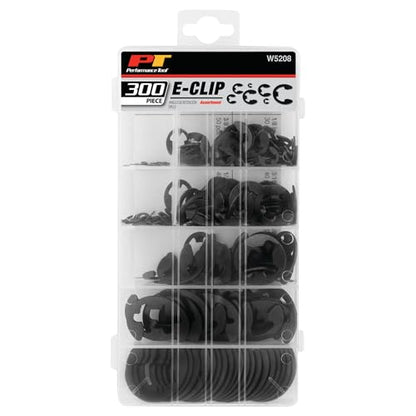 Performance Tool W5208 300-Piece E-Clip Assortment, Black | Includes 9 popular sizes of external retaining rings. Packed in a convenient re-sealable plastic case - size: 300 pc. E-Clip Assortment