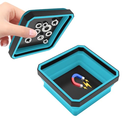 Collapsible Magnetic Parts Tray, 4.5 Inch Square Silicone Tray Holder with Double-Sided Magnetic Base, Foldable Tool Trays for Screw Bolts Nuts Pins Small Parts, Car Accessories (Sky Blue) - color: Sky Blue