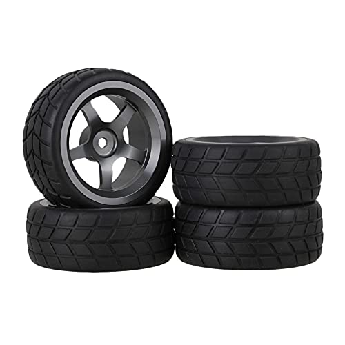 Mxfans 4Pcs 1:10 RC On-Road Wheels Grey 5-Spoke Alloy Rims | Black square pattern rubber tyres. For 1:10 RC on-road racing. Durable, great grip and handling.