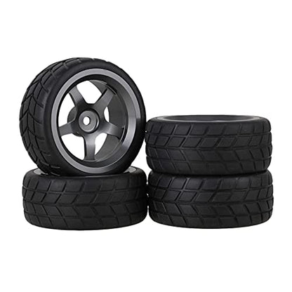 Mxfans 4Pcs 1:10 RC On-Road Wheels Grey 5-Spoke Alloy Rims | Black square pattern rubber tyres. For 1:10 RC on-road racing. Durable, great grip and handling.