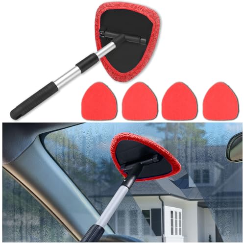 4 Pack Windshield Cleaning Tool with Extendable Handle, Red | aluminum ABS and microfiber body, pivoting head, reusable cloth pads, fits most vehicle glass, auto cleaning tools - color: Red