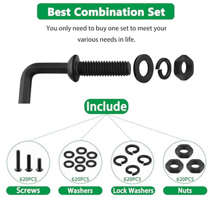 2404PCS Screw Assortment Kit, M2-M5 10.9 Alloy Steel Hex Button Cap Bolts | With Nuts & Flat Washers & Lock Washers & Wrench, Black Zinc Plated High-Tensile, Length 4-20mm, for 3D Printing, DIY, Home - size: M2 M3 M4 M5 2480pcs 2