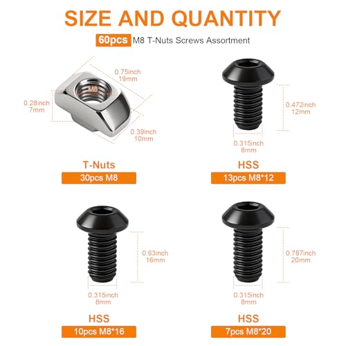 60pcs M8 T-Nut Screw Kit for 4040/4080 Series Aluminum Extrusion | 30 T-nuts+30 black hex socket screws(M8×12/16/20mm). For 3D printers, CNC, laser engravers - size: 60pcs M8 T-Nut Kit