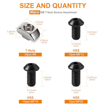 60pcs M8 T-Nut Screw Kit for 4040/4080 Series Aluminum Extrusion | 30 T-nuts+30 black hex socket screws(M8×12/16/20mm). For 3D printers, CNC, laser engravers - size: 60pcs M8 T-Nut Kit