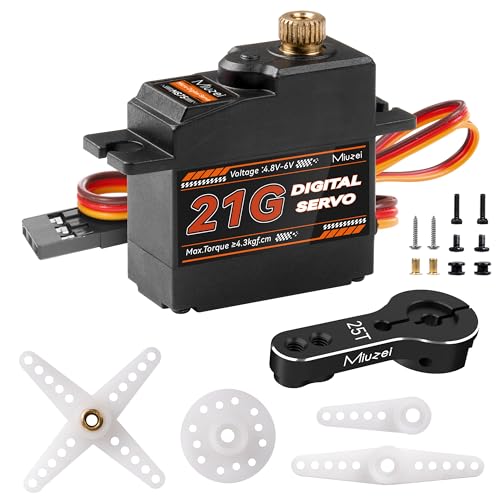 Miuzei Micro Servo Motor 21G Metal Gear Steering for 1/16 1/14 RC Car 1Pcs | 4.3kg·cm Torque, 0.08sec/60°Speed. Mini Small Digital, 25T Horn, for Airplane Helicopter Plane Robot Boat Fixed-Wing.