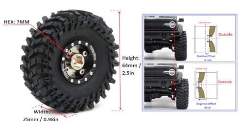 RC 1.0 Mud Tires Tyres 64 * 25mm & Aluminum 1.0 beadlock Wheels (+1mm & -3mm Offsets) Black Champagne Rims Hex 7mm for RC Micro Crawler FMS24 FCX24 1/18 TRX4M 1/24 SCX24 - color: Black & Champagne