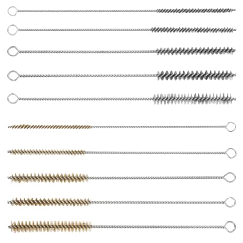 Tube Cleaning Brush,Brass Stainless Steel Engine Cleaning Brushes,12 inch Long Round Wire Pipe Cleaner for Deep Pipes (Yellow and Silver, 10 Pcs-5 Size) - color: Yellow and Silver, size: 10 Pcs-5 Size