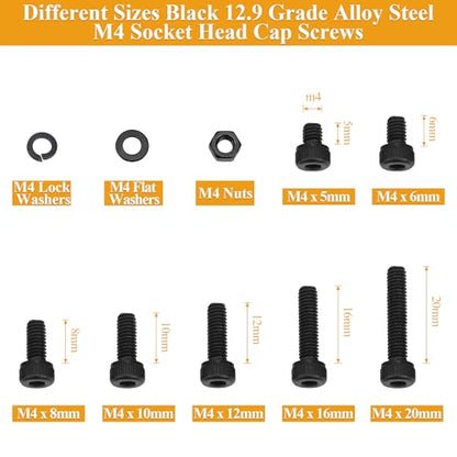 385 Pieces M4 Screws Nuts Washers Set Black, Sutemribor M4 x 5/6/8/10/12/16/20mm Hex Socket Head Cap Screws Nuts Washers Assortment Kit, 12.9 Grade Alloy Steel, Fully Threaded - size: M4, style: Socket Head