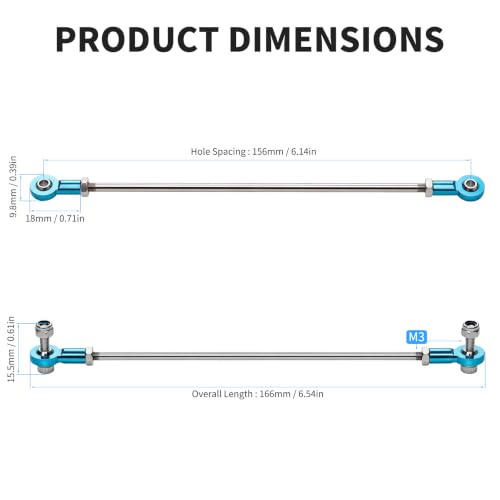 2 Pcs RC Toy Push Rod, M3x140mm Tie Rods Blue Ball Head Joint | 166mm Length, 304 Servo Linkage Link Rods, Double Aluminum Alloy Ball Head, for RC Cars, Planes, Helicopters, DIY Models - color: M3×140mm Rod