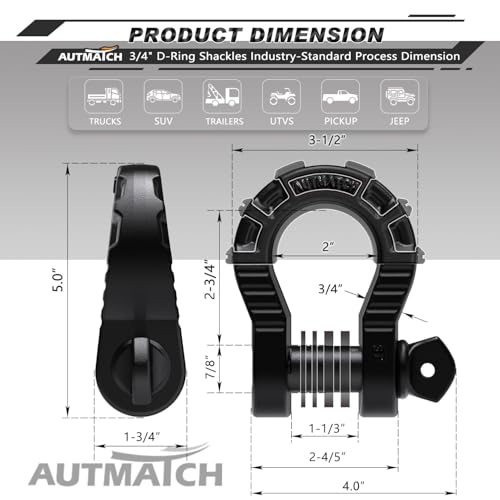AUTMATCH D Ring Shackles 3/4" Mega Shackle (2 Pack) 68,000Ibs Break Strength - Heavy Duty Clevis Shackles 7/8" Screw Pin & Isolator Washer for Tow Strap Winch Off Road Vehicle Recovery, Frosted Black - color: Frosted Black