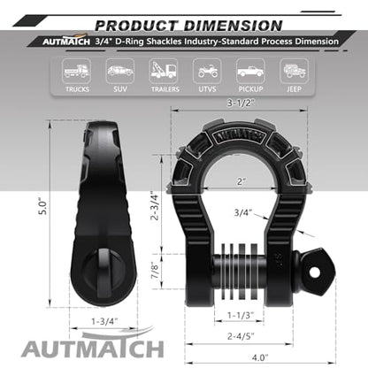 AUTMATCH D Ring Shackles 3/4" Mega Shackle (2 Pack) 68,000Ibs Break Strength - Heavy Duty Clevis Shackles 7/8" Screw Pin & Isolator Washer for Tow Strap Winch Off Road Vehicle Recovery, Frosted Black - color: Frosted Black