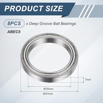 uxcell 8Pcs 6807ZZ 35mmx47mmx7mm Deep Groove Ball Bearings, Double Metal Shielded Bearing Steel ABEC5 High Performance for Industrial Machinery Precision Transmission, Silver - size: 6807ZZ 35mmx47mmx7mm