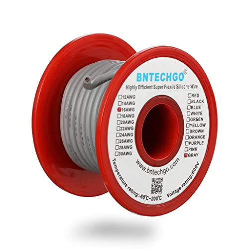 BNTECHGO 16 Gauge Silicone Wire Gray 25ft Stranded Tinned Copper Wire | Flexible 16 AWG Stranded Wire Silicone Rubber Insulation For RC Models, Drone, Robot, Battery, EV Charger, 3D Printer, DIY - color: 16 gauge silicone wire gray, size: silicone wire 25