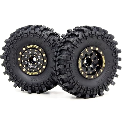 Brass 1.0 beadlock Wheels and Tires, 61mm Tall Tyre and Adjustable Offset 1'' Rims for RC Mud Crawler 1/18 TRX4M 1/24 SCX24 Upgrades, HS701454 - color: Black