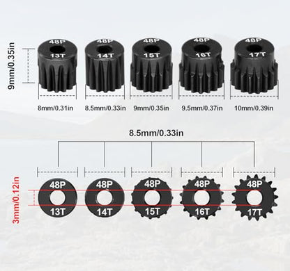 OGRC 48P Pinion Gears 13T 14T 15T 16T 17T 3.175mm (1/8-Inch) Motor Gears | Steel Hardened, 0.53M, for Traxxas Arrma HSP HPI AXIAL Tamiya Losi 1/10 RC Car