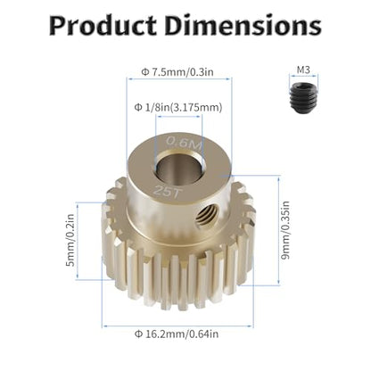Pinion Motor Gear, M0.6 25T, 1/8 in (3.175mm) Shaft Hole | M0.6 Pitch 25 Teeth, 7075 Aluminum Alloy, 1/8 Inch Shaft Hole, RC Motor Pinion Upgrade, for 1/10 RC Brushless Crawler - size: M0.6 25T
