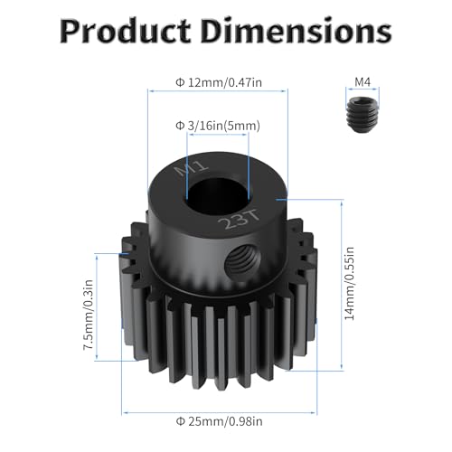 Pinion Motor Gear, M1 23T, 3/16 in (5mm) Shaft Hole | M1 Pitch 23 Teeth, 1045 Hardened Carbon Steel, 3/16 Inch Shaft Hole, RC Motor Pinion Upgrade, for 1/10 RC Brushless Crawler - size: M1 23T