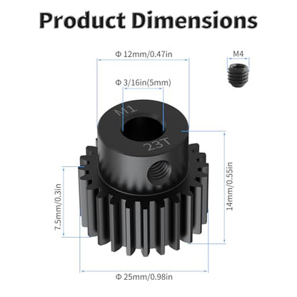 Pinion Motor Gear, M1 23T, 3/16 in (5mm) Shaft Hole | M1 Pitch 23 Teeth, 1045 Hardened Carbon Steel, 3/16 Inch Shaft Hole, RC Motor Pinion Upgrade, for 1/10 RC Brushless Crawler - size: M1 23T