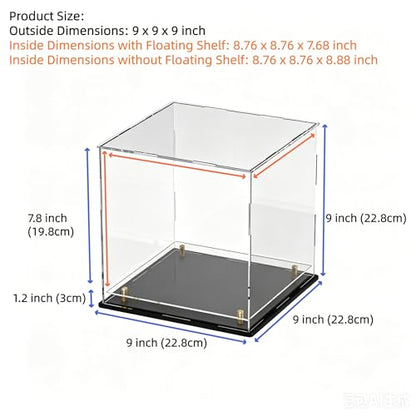 Acrylic Display Case with Raised Shelf, Clear Display Box with Black Base & Gold Standoffs, Dustproof Showcase for Collectibles, Figures, Model Cars – Easy Assembly (9×9×9 Inch) - size: 9"L x 9"W x 9"H