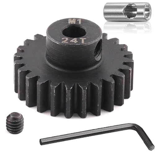 Steel Mod1 5mm Pinion Gear 1PCS, 11-28 M1 Pinion Gear Metal Hardened Steel Fit 5mm RC Motor Shaft with 3.175mm Coupler Compatible with 1/5 1/6 1/8 1/10 1/14 RC Brushless Brush Motor (24T) - size: 24T
