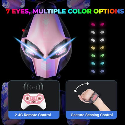 Gesture Sensing Rc Stunt Car with Light & Music, 2.4GH 4WD Hand Controlled Double Sided 360° Flips Off Road Transform Vehicle Truck with LED Eyes, Toy Gift for Kid Age 8+ Girls (Pink)