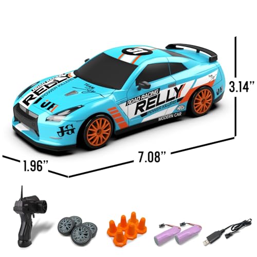 RACENT 1:24 Scale RC Drift Car, 10MPH 4WD Remote Control Car with LED Light, Racing and Drifting Wheels, 2 Rechargeable Batteries, Toy for Boys, Girls, Kids (Blue) - color: Cyan, size: 1:24 Scale