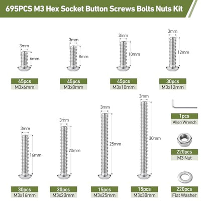 695PCS M3 Bolt Assortment Kit, Hex Socket Button Head Screws Nuts Bolts Washer Assortment Kit 304 Stainless Steel M3 x 6/8/10/12/16/20/25/30mm - size: M3 695PCS Button SS