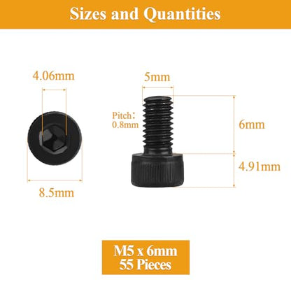 55 Pieces M5 x 6mm Socket Head Cap Screws, Thread Pitch 0.8mm, Sutemribor M5 Black Screws, 12.9 Grade Alloy Steel, Black Oxide Finish, Fully Threaded - size: M5 x 6mm, style: Socket Head