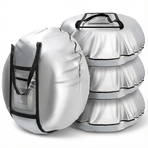 Seasonal Tire Cover- Tire Storage Bag with Handle, Heavy Duty 420D Oxford Tire Totes, UV Waterproof Spare Tire Cover, Portable Wheel Storage Cover Against Dust and Scratches, 4 Pack (Fits up to 25.6")