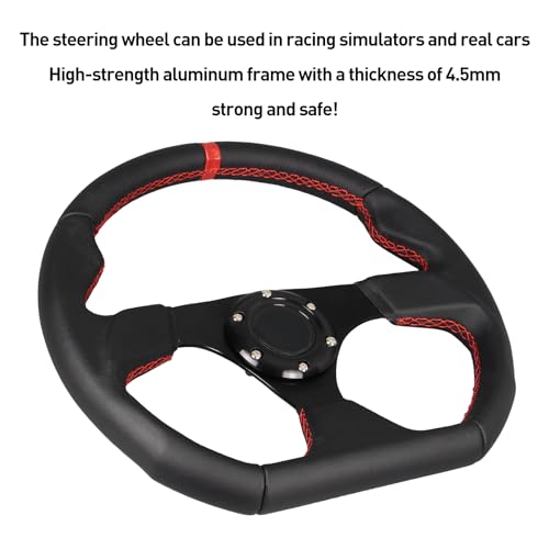 Universal Racing Sports Steering Wheel Red Stripe D Shape 13.8inch 350mm 6 Bolts Black Leather Hand Grip Steering Wheel with Horn Button - color: Red