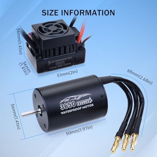 Surpass Hobby RC Brushless Motor and ESC Combo Waterproof 2S Lipo 3650 2300KV Brushless Motor and 60A ESC Combo Set for 1/10 Remote Control Cars Trucks Off-Road Vehicle - size: 2300KV, style: 3650 Motor and 60A ESC