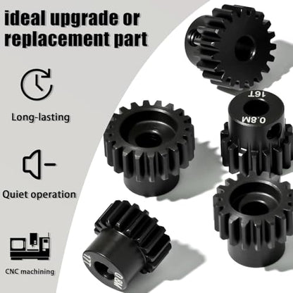 5Pcs 0.8M Hardened Steel Pinion Gear Set 5mm Shaft 16T 17T 18T 19T 20T Motor Pinion Gear with M4 Screw and Hex Key, for Arrma HPI Kyosho Losi Axial Traxxas Tamiya 1/10 RC Car and 540/550 Motors - size: 0.8M-5mm-16-20T