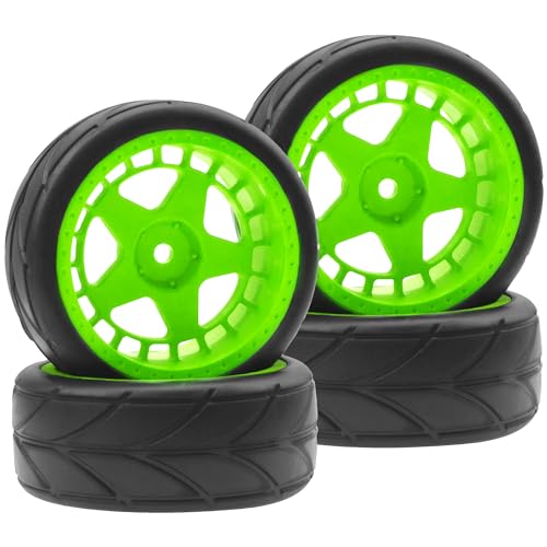 ShareGoo RC OD 2.55" Nylon 12mm Hex Wheels & Rubber Tires Set Compatible with Traxxas Tamiya Sakura HSP Redcat 1/10 RC On-Road Touring Drift Car (Green) - color: Green