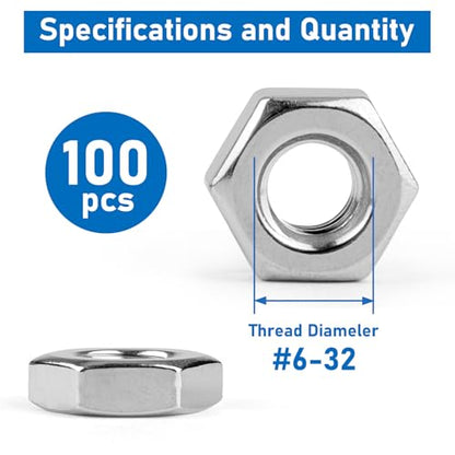 #6-32 Hex Nuts, 100 Pack 304 (A2-70) Stainless Steel Hardware Nuts,Standard Inch Coarse Thread Nuts - color: Silver, size: #6-32