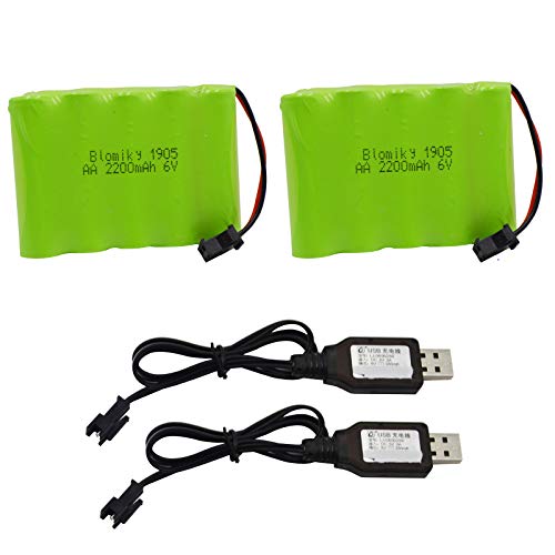 Blomiky 2 Pack 6.0V 2200mAh NiMH Rechargeable Battery with SM-2P Black 2 pin Plug and USB Cable fit for RC Car Vehicles Trucks 6V NiMh 2