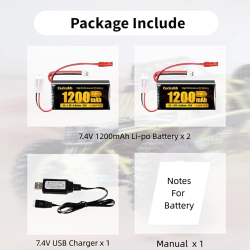 SCX24 Lipo Battery 7.4V 1200mAh Lipo Battery 2S 35C with PH2.0 & JST Plug for WLtoys A949 A959 A969 A979 K929 RC Truck and 1/10 1/16 1/18 1/24 RC Cars with USB Charger Cable