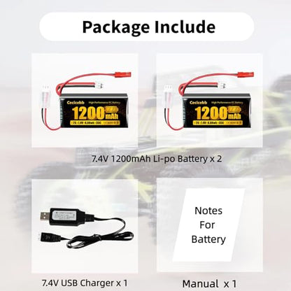 SCX24 Lipo Battery 7.4V 1200mAh Lipo Battery 2S 35C with PH2.0 & JST Plug for WLtoys A949 A959 A969 A979 K929 RC Truck and 1/10 1/16 1/18 1/24 RC Cars with USB Charger Cable
