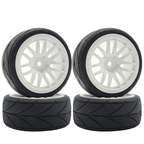 RC 1/10 On Road Touring Tires & Wheels 12mm Hex Hard Plastic Rims OD 65mm Street Racing Tyre for 1:10 1/12 Rally Drift Car Tamiya TT01 TT02 Traxxas XV02 XV01 HPI KYOSHO PTG2 4PCS (White) - color: White