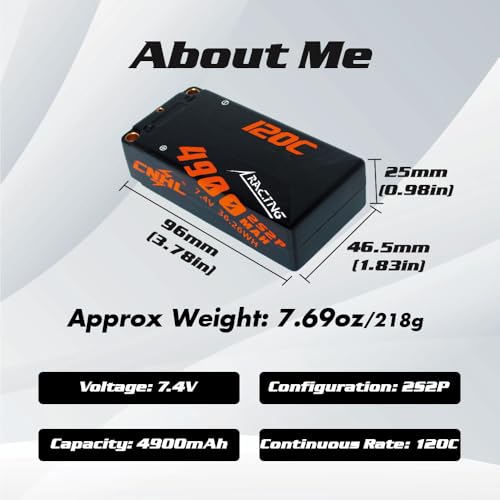 CNHL 4900mAh 2S Shorty Lipo Battery 7.4V 120C with 5mm to Deans(2 Packs) | Compact shorty format centers chassis weight for responsive control in 1/10 RWD drift, racing buggies, and trucks.