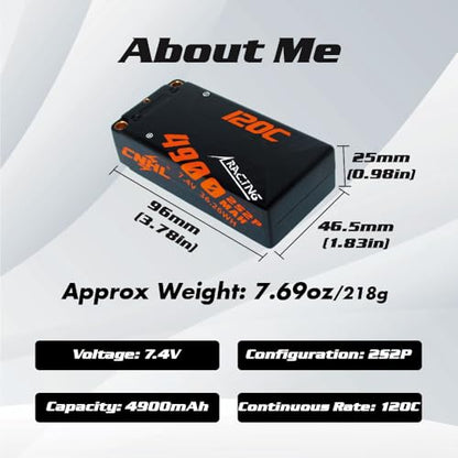 CNHL 4900mAh 2S Shorty Lipo Battery 7.4V 120C with 5mm to Deans(2 Packs) | Compact shorty format centers chassis weight for responsive control in 1/10 RWD drift, racing buggies, and trucks.
