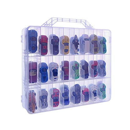Double Sided Toy Car & Doll Storage Case - 48 Compartments, Portable Transparent Case - color: Transparent-48