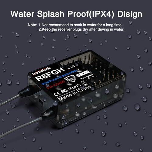 Radiolink R8FGH 2.4Ghz 8 Channels Gyro Receiver with Voltage Telemetry up to 14s/58.8V, 3ms Latency, Waterproof RX for RC Crawler Car Boat Radio Controller RC8X/RC6GS/RC4GS/T8FB/T8S/T12D/T16D
