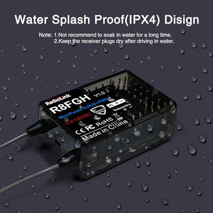 Radiolink R8FGH 2.4Ghz 8 Channels Gyro Receiver with Voltage Telemetry up to 14s/58.8V, 3ms Latency, Waterproof RX for RC Crawler Car Boat Radio Controller RC8X/RC6GS/RC4GS/T8FB/T8S/T12D/T16D