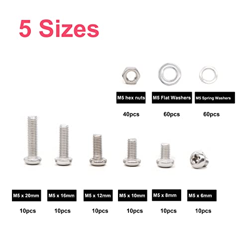 cSeao 220pcs M5 6mm / 8mm/ 10mm/ 12mm/ 16mm/ 20mm Pan Head Machine Screws Washers Hex Nuts Assortment Kit, Phillips Drive, 304 Stainless Steel - size: M5