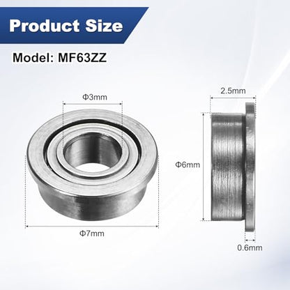 M METERXITY 20-Pack MF63ZZ Flanged Ball Bearing, 3mm x 6mm x 2.5mm Double Metal Seal Chrome (GCr15) Steel Deep Groove Ball Bearings for Wheelbarrow/Printer/Fax Machines/Power Tools - size: 3mm x 6mm x 2.5mm