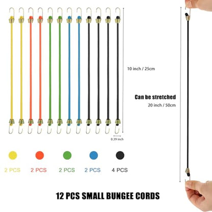 Small Bungee Cords with Hooks 12 Pack, 10" Mini Adjustable Rubber Stretchy Heavy Duty Short Elastic Bungee Cord for Luggage Roof Rack Hang Outdoor Tent Tarp Bike Car RV Camping Tool Cargo Accessory