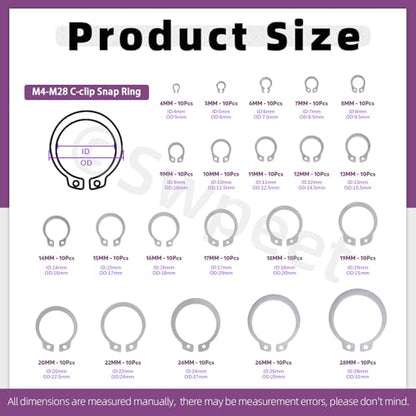 Swpeet 211Pcs 21 Sizes M4-M28mm Stainless Steel C-Clips External Circlip Snap Retaining Clip Rings with Tweezers Assortment Kit, Circlip Retainer Rings Set for Axles, Shafts and Other Moving Parts - style: 304 Stainless Steel C-Cip