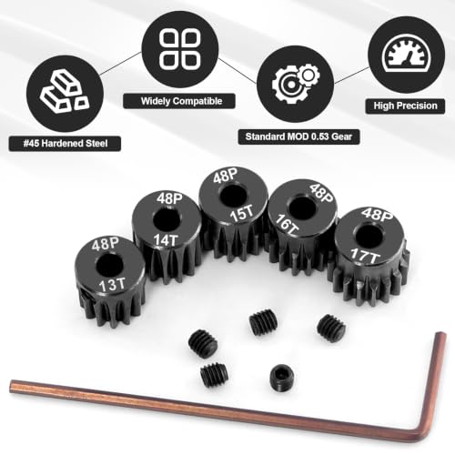OGRC 48P Pinion Gears 13T 14T 15T 16T 17T 3.175mm (1/8-Inch) Motor Gears | Steel Hardened, 0.53M, for Traxxas Arrma HSP HPI AXIAL Tamiya Losi 1/10 RC Car