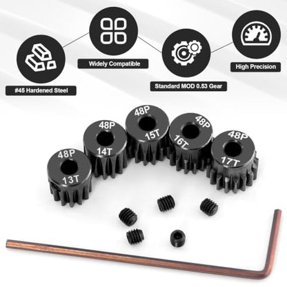 OGRC 48P Pinion Gears 13T 14T 15T 16T 17T 3.175mm (1/8-Inch) Motor Gears | Steel Hardened, 0.53M, for Traxxas Arrma HSP HPI AXIAL Tamiya Losi 1/10 RC Car